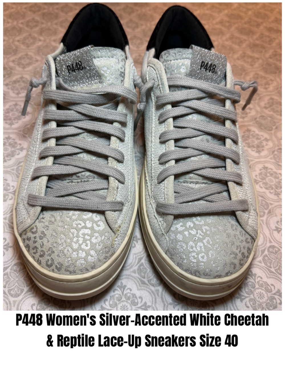 P448 Women's Silver-Accented White Cheetah & Reptile Lace-Up Sneakers Size 40